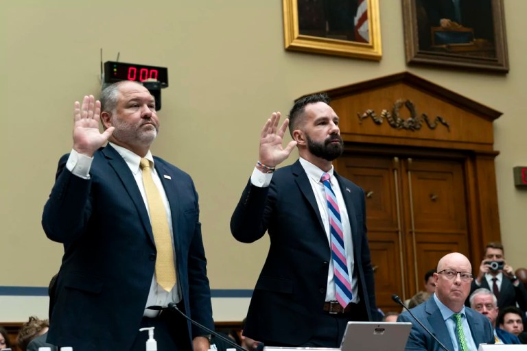 IRS Supervisory Special Agent Gary Shapley, left, and Joseph Ziegler, an IRS Agent with the criminal investigations division, are sworn in at a House Oversight and Accountability Committee hearing with IRS whistleblowers, Wednesday, July 19, 2023, in Washington. (AP Photo/Stephanie Scarbrough)