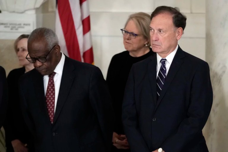 Supreme Court Justice Clarence Thomas and Justice Samuel Alito attend a private ceremony for retired Supreme Court Justice Sandra Day O'Connor before public repose in the Great Hall at the Supreme Court in Washington, Monday, Dec. 18, 2023.
