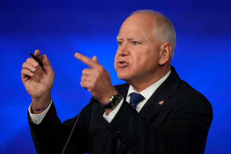 Gov. Tim Walz (D-MN), Democratic vice presidential nominee, speaks during a vice presidential debate hosted by CBS News with Sen. JD Vance (R-OH), Republican vice presidential nominee, Oct. 1, 2024, in New York.