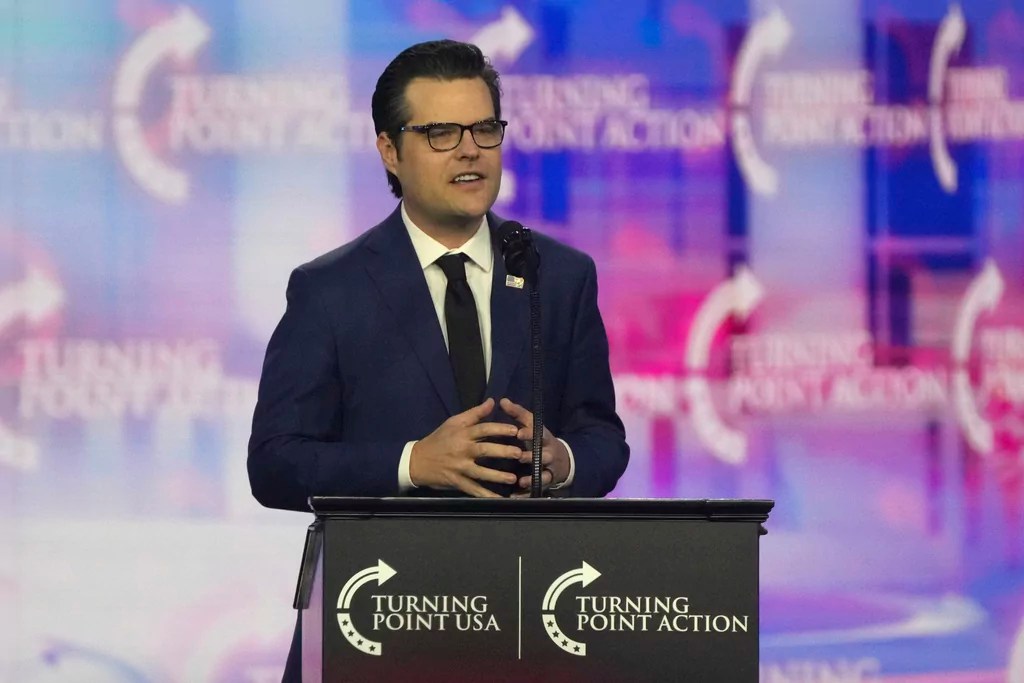 Former Rep. Matt Gaetz, R- Fla. speaks at AmericaFest, Dec. 22, 2024, in Phoenix.
