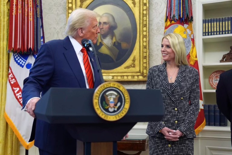 President Donald Trump welcomes Pam Bondi before she is sworn in as attorney general by Supreme Court Associate Justice Clarence Thomas in the Oval Office of the White House in Washington.