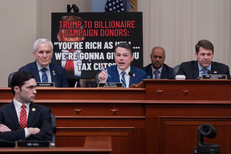 House Budget Committee Ranking Member Brendan Boyle (D-PA) speaks joined by, from left, Rep. Brandon Gill (R-TX), Rep. Lloyd Doggett (D-TX), and Chairman Jodey Arrington (R-TX), as Boyle refutes Republican efforts to advance many of President Donald Trump's top domestic priorities on Capitol Hill in Washington, Thursday, Feb. 13, 2025.