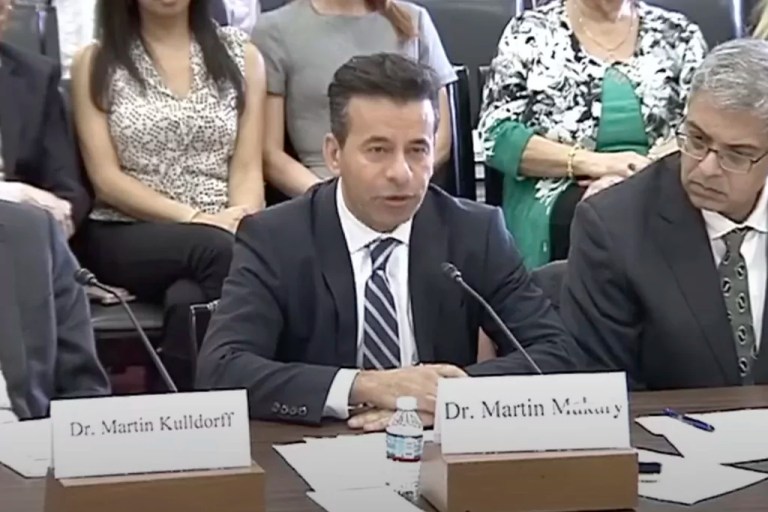 In this image from video provided by the Committee on Oversight and Government Reform, Dr. Martin Makary speaks during a select subcommittee on the COVID pandemic roundtable in Washington on Feb. 28, 2023.