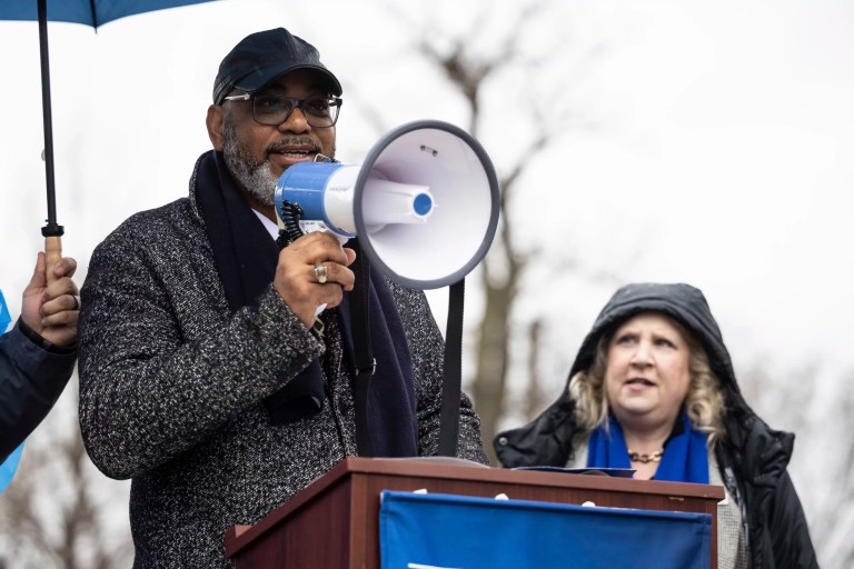 American Federation of Government Employees President Everett Kelley and National Treasury Employees Union President Doreen Greenwald are seen during a rally protesting the Trump administration's policies toward federal workers on Capitol Hill March 5, 2025.