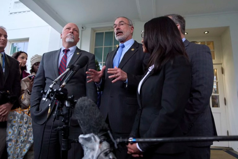 Rep. Andy Harris (R-MD), chairman of the House Freedom Caucus, speaks to reporters outside the White House after a meeting with President Donald Trump, Wednesday, March 5, 2025, in Washington, with Rep. Chip Roy (R-TX), Harris, Rep. Lauren Boebert (R-CO), and Rep. Scott Perry (R-PA).