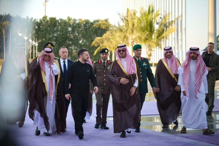 In this photo provided by the Ukrainian Presidential Press Office, Ukrainian President Volodymyr Zelensky, center left, meets with Prince Saud bin Mishaal, deputy governor of Saudi Arabia's Mecca region, center right, in Riyadh, Saudi Arabia, Monday, March 10, 2025.
