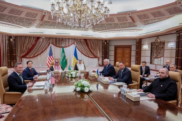 From left, U.S. national security adviser Mike Waltz, U.S. Secretary of State Marco Rubio, Saudi Foreign Minister Prince Faisal bin Farhan Al Saud, Saudi national security adviser Mosaad bin Mohammad al Aiban, Ukrainian Foreign Minister Andrii Sybiha, Ukrainian Head of Presidential Office Andriy Yermak, and Ukrainian Minister of Defense Rustem Umerovto hold a meeting in Jeddah, Saudi Arabia, Tuesday, March 11, 2025.