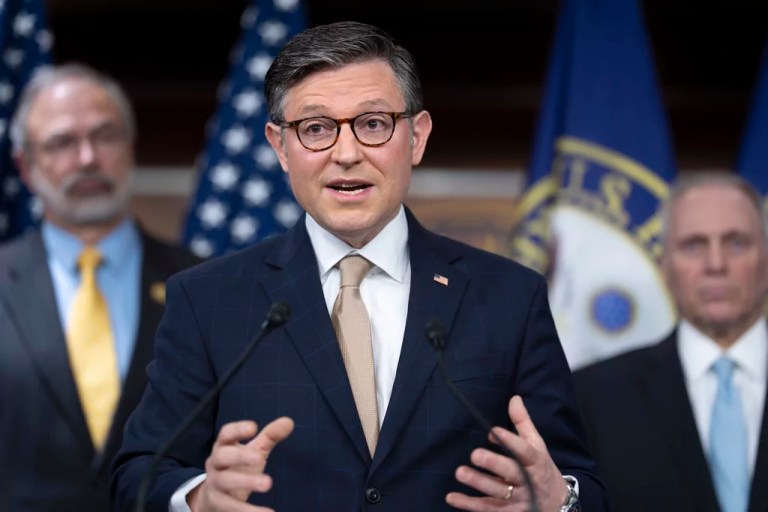 House Speaker Mike Johnson (R-LA) meets with reporters as House Republicans push ahead with a go-it-alone strategy on an interim GOP spending bill that would keep federal agencies funded through Sept. 30 at the Capitol in Washington, Tuesday, March 11, 2025.