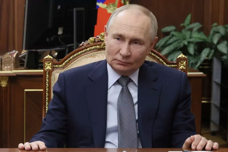 Russian President Vladimir Putin attends a meeting with the head of the Russian state space corporation Roscosmos, Dmitry Bakanov, at the Kremlin in Moscow, Russia, Monday, March 31, 2025.