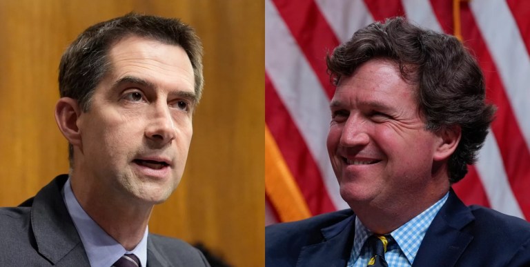 Sen. Tom Cotton (R-AR), left, and Tucker Carlson