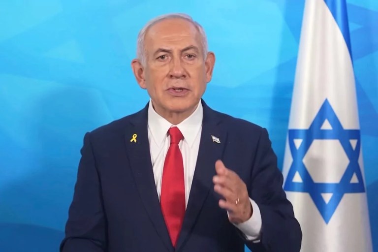 Prime Minister Benjamin Netanyahu gives a statement.