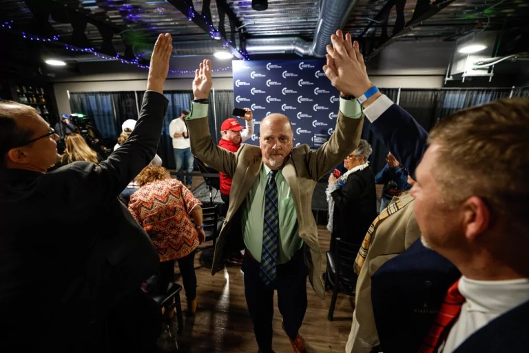 Former Wisconsin Attorney General and state Supreme Court candidate Brad Schimel greets supporters during a town hall Monday, March 17, 2025, in Oconomowoc, Wis.