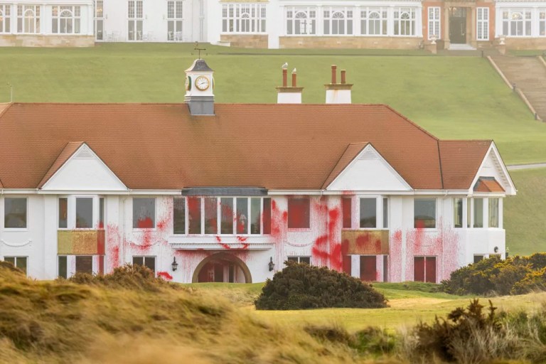 This photo provided by Palestine Action on Saturday, March 8, 2025 shows damage to the Trump owned site of Trump Turnberry golf course and hotel in Scotland.