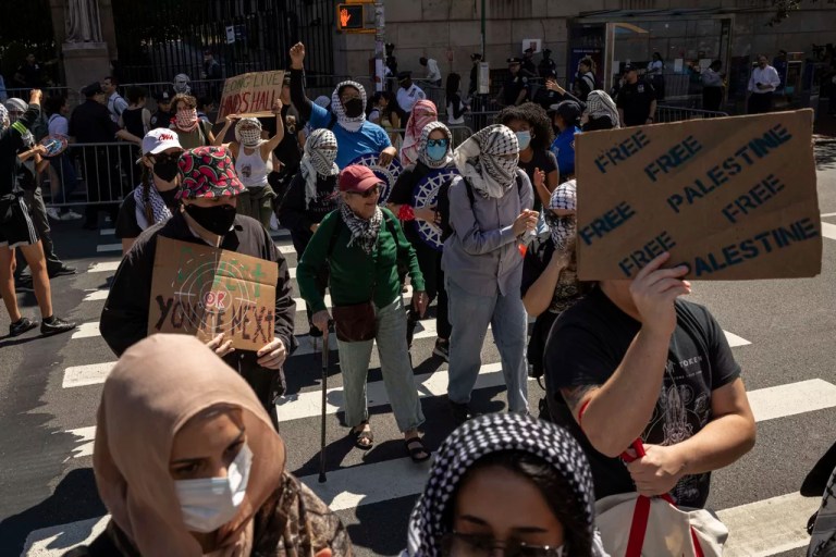 Pro-Palestinian supporters march to Barnard College during the picket line outside Columbia University, Tuesday, Sept. 3, 2024, in New York.