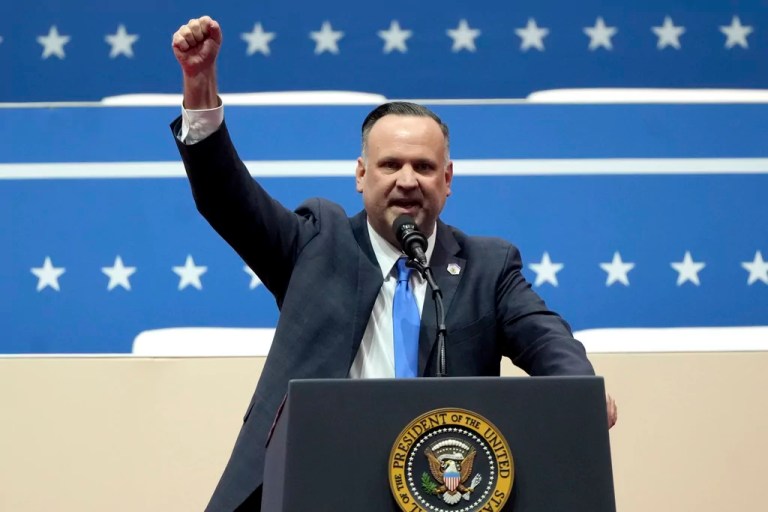 Dan Scavino speaks at an Inauguration parade in Washington, Monday, Jan. 20, 2025.