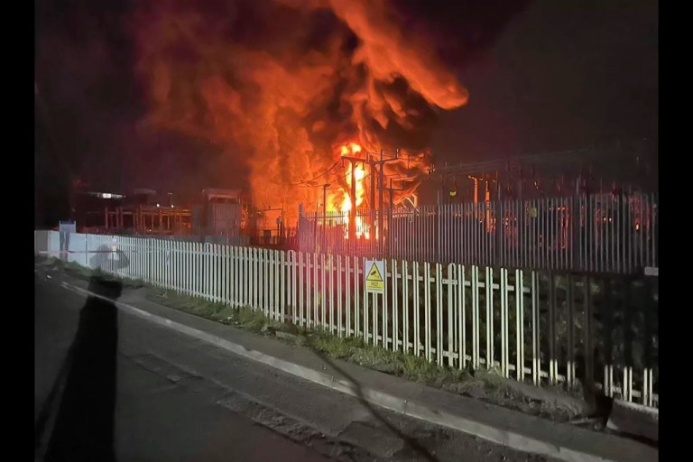 This photo provided by London Fire Brigade, shows a fire at the North Hyde electrical substation, which caught fire Thursday night and lead to a closure of Heathrow Airport in London, Friday, March 21 2025.