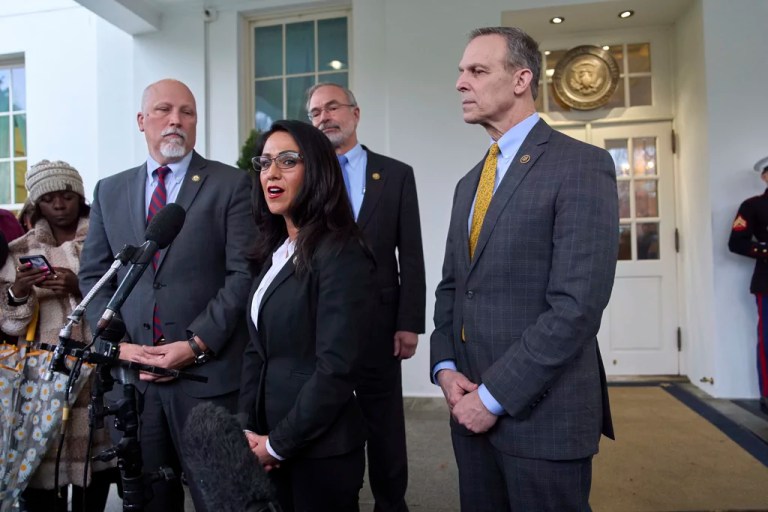 Rep. Lauren Boebert, R-Colo., speaks with reporters after meeting with President Donald Trump at the White House, Wednesday, March 5, 2025, in Washington. From left, Rep. Chip Roy, R-Texas, Boebert, Rep. Andy Harris, R-Md., and Rep. Scott Perry, R-Pa. (AP Photo/Evan Vucci)