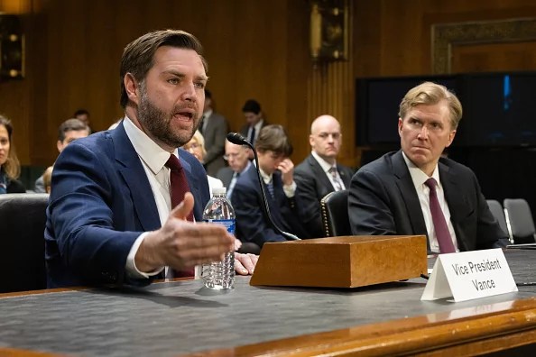 Vice President JD Vance introduces Elbridge Colby, nominee to be undersecretary of defense for policy, at Colby's nomination hearing in front of the Senate Committee on Armed Services in Washington, D.C., March 4, 2025.