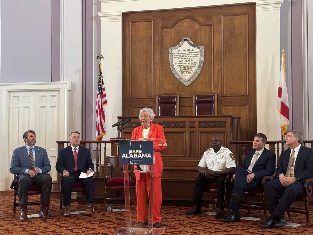 Gov. Kay Ivey promotes her public safety bill Wednesday, Feb. 12, 2025, in Montgomery, Ala.