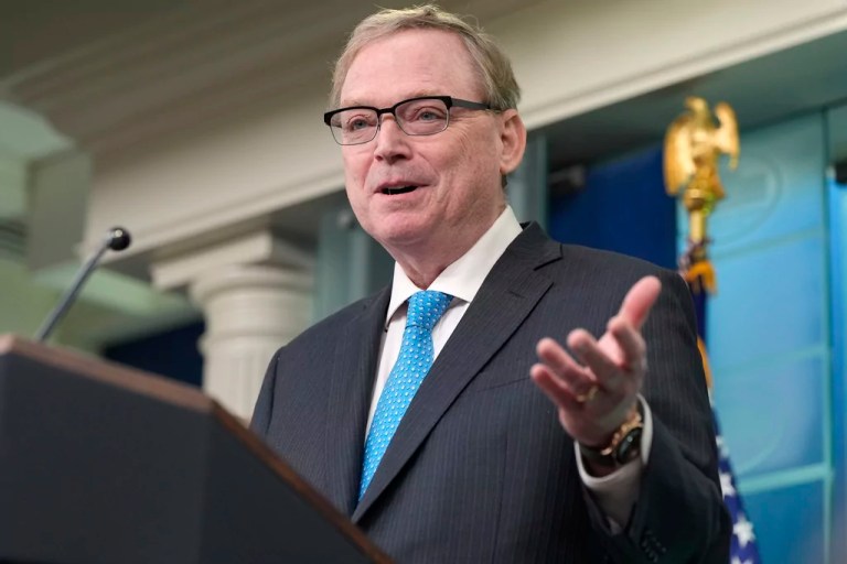 White House National Economic Council Director Kevin Hassett speaks with reporters in the James Brady Press Briefing Room at the White House, Thursday, Feb. 20, 2025, in Washington.