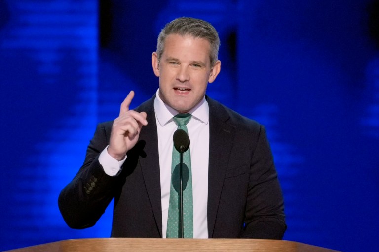 Former Republican Illinois Rep. Adam Kinzinger speaks during the Democratic National Convention, Aug. 22, 2024, in Chicago.