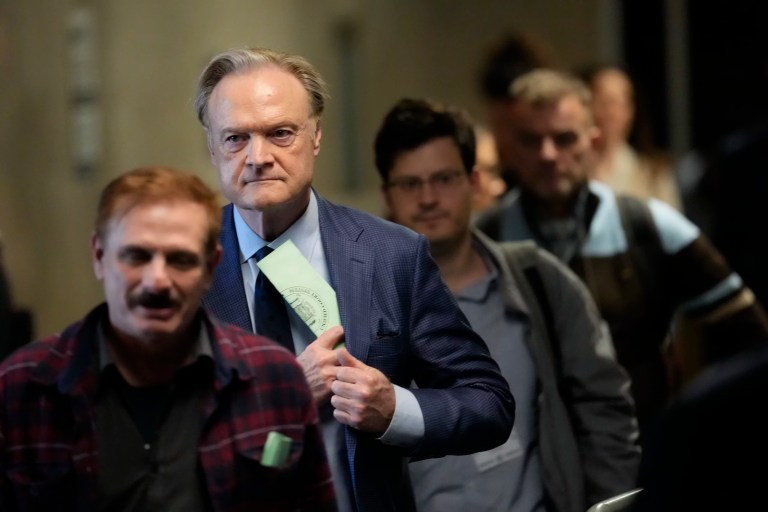 Journalist Lawrence O'Donnell, second from left, leaves the courtroom during an afternoon break in former President Donald Trump's trial, Tuesday, May 7, 2024 in New York.
