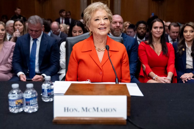 Linda McMahon, Trump's nominee for Secretary of Education, arrives for a hearing of the Health, Education, and Labor Committee on her nomination, Thursday, Feb. 13, 2025, in Washington.
