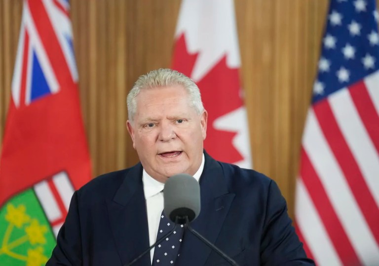 Ontario Premier Doug Ford holds a news conference regarding the new tariffs that the United States has placed on Canada, at Queen's Park in Toronto on Tuesday, March 4, 2025.