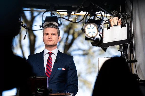 US Secretary of Defense Pete Hegseth does a TV hit outside of the White House on Friday March 21, 2025.