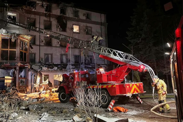 In this photo, provided by Dnipropetrovsk Oblast Governor Serhiy Lysak, firefighters work on the site of a damaged building after a Russian missile attack in Kryvyi Rih, Ukraine, Thursday, March 6, 2025.