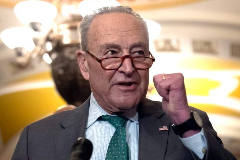 Sen. Charles Schumer (D-NY) speaks to reporters after a Senate policy luncheon on Capitol Hill, Tuesday, March 11, 2025, in Washington.