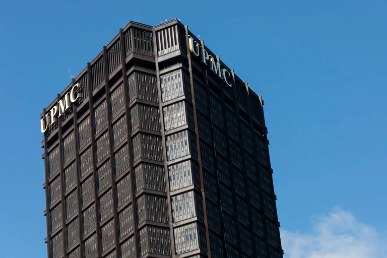 A University of Pittsburgh Medical Center logo is seen on the US Steel Tower in Pittsburgh, Pennsylvania, in 2019.