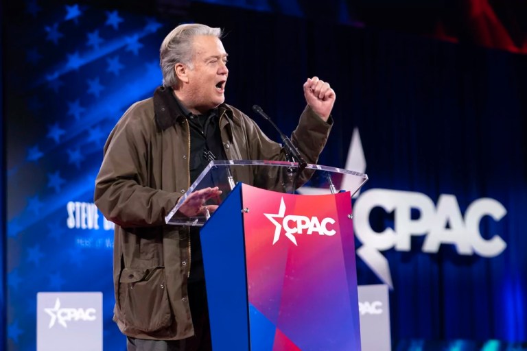 Steve Bannon speaks at the Conservative Political Action Conference at the Gaylord National Resort & Convention Center, Thursday, Feb. 20, 2025, in Oxon Hill, Maryland.