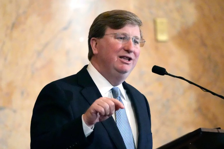 Gov. Tate Reeves (R-MS) delivers his State of the State address to the state legislature, Feb. 26, 2024, at the state Capitol in Jackson, Mississippi.