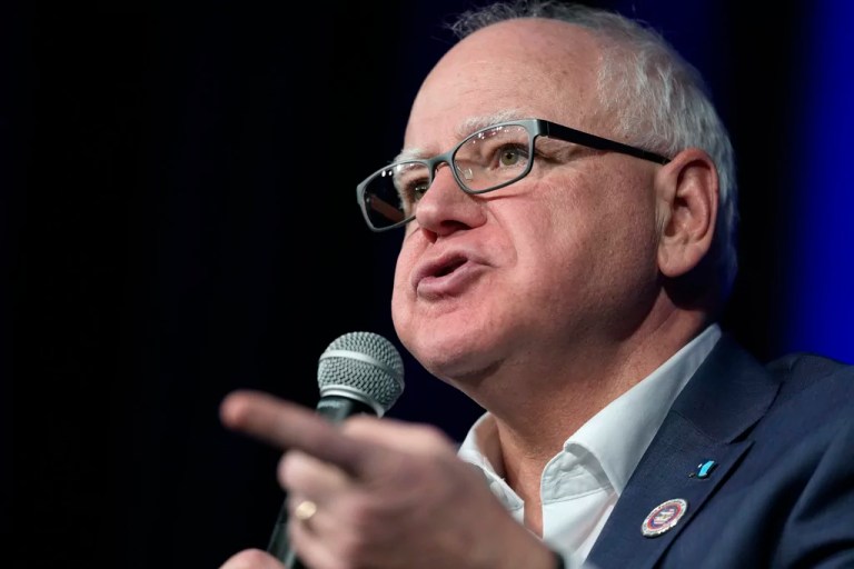 Gov. Tim Walz (D-MN) speaks at a town hall event at Roosevelt High School, Friday, March 14, 2025, in Des Moines, Iowa.