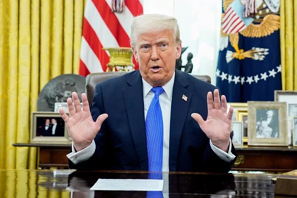 President Donald Trump speaks in the Oval Office of the White House in Washington, D.C., Friday, March 21, 2025.