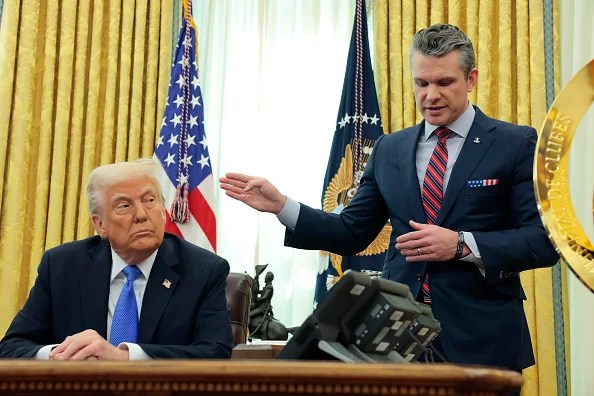 President Donald Trump and Secretary of Defense Pete Hegseth deliver remarks in the Oval Office of the White House on March 21, 2025 in Washington, D.C. Trump announced the Next Generation of Air Dominance program, the F-47, the sixth-generation high-tech Air Force fighter to succeed the F-22 Raptor.