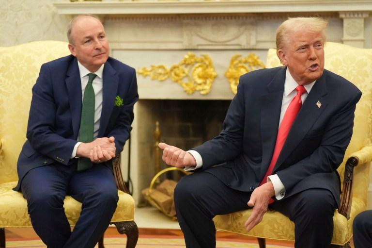 Taoiseach Micheal Martin, left, attends a bilateral meeting with President Donald Trump ahead of the White House St. Patrick's Day reception, Wednesday March 12, 2025, in Washington.