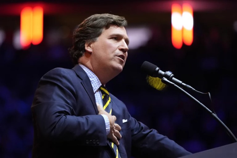 Tucker Carlson speaks before Republican presidential nominee former President Donald Trump at a campaign rally at Madison Square Garden, Sunday, Oct. 27, 2024, in New York. (AP Photo/Alex Brandon)
