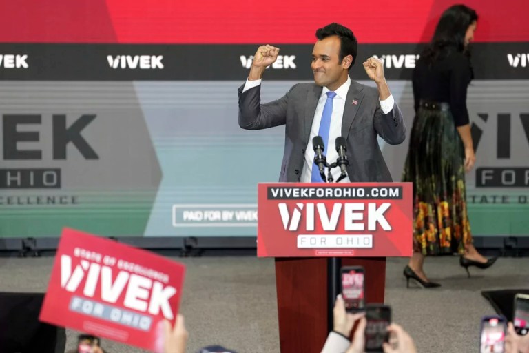Vivek Ramaswamy announces his candidacy for Ohio governor, Monday, Feb. 24, 2025, in West Chester Township, Ohio.