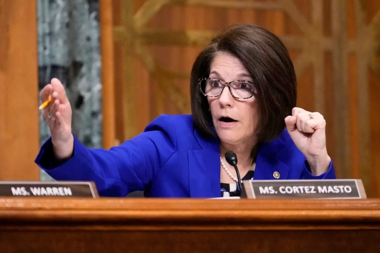 Sen. Catherine Cortez Masto (D-NV) questions Dr. Mehmet Oz, President Donald Trump's pick to lead the Centers for Medicare and Medicaid Services, at Oz's confirmation hearing before the Senate Finance Committee on Capitol Hill in Washington, Friday, March 14, 2025.