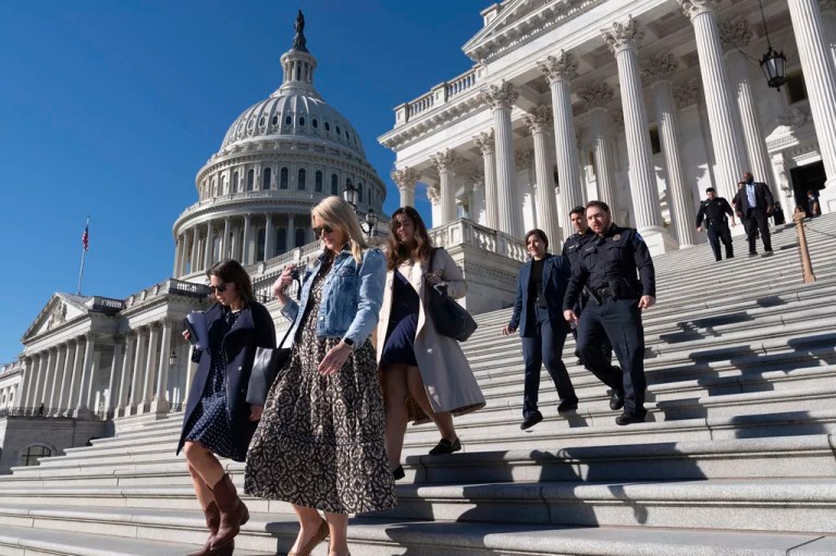 Congressional staff evacuate as the U.S. Capitol Police hold a security exercise, at the Capitol in Washington, Monday, Oct. 21, 2024. (AP Photo/J. Scott Applewhite)