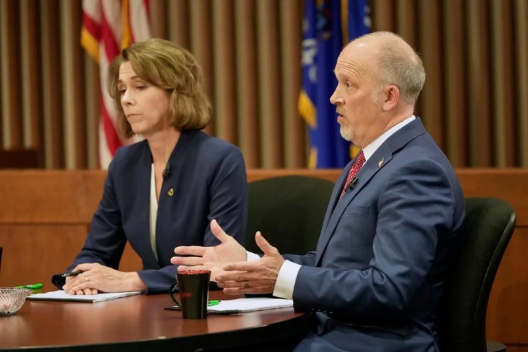 Wisconsin Supreme Court candidates Brad Schimel and Susan Crawford participate in a debate Wednesday, March 12, 2025, in Milwaukee.