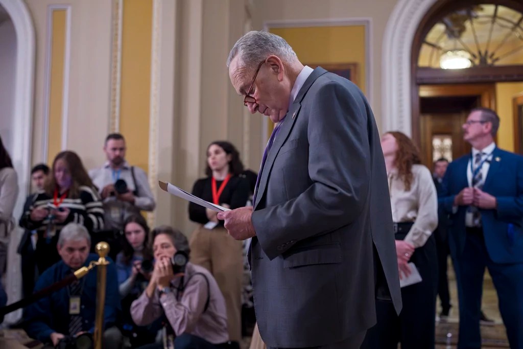 Senate Minority Leader Chuck Schumer, D-N.Y., looks over his notes as he and other Democratic leaders meet with reporters, at the Capitol in Washington, Tuesday, Feb. 11, 2025.