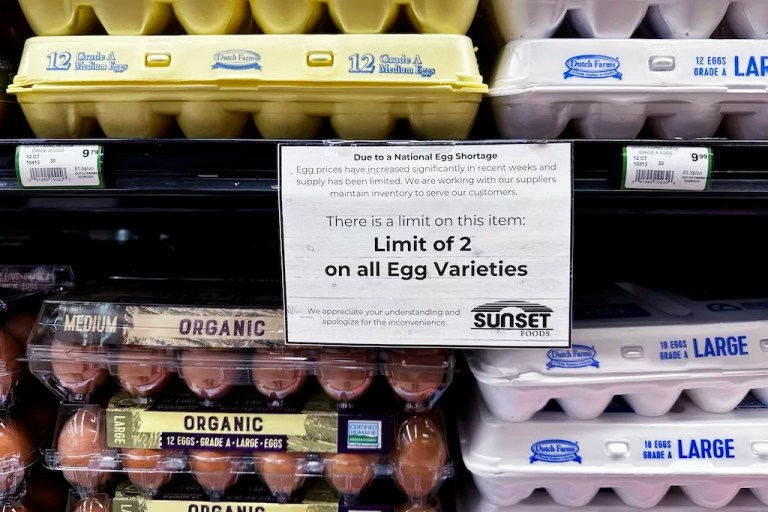 A sign is mounted on a shelf of eggs at a grocery store in Northbrook, Illinois, Friday, Feb. 28, 2025.