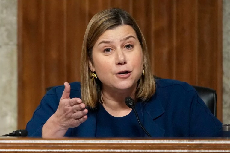 FILE - Sen. Elissa Slotkin, D-Mich., speaks during a hearing at the Capitol in Washington, Jan. 14, 2025. (AP Photo/Ben Curtis, File)