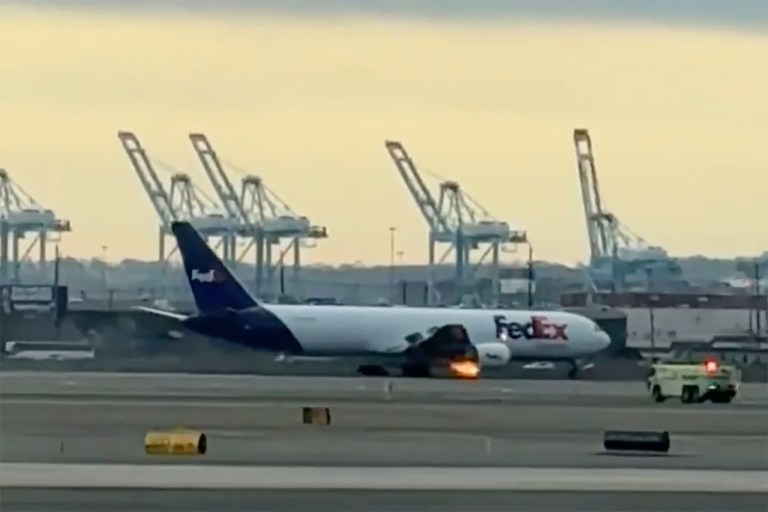 FedEx cargo plane with engine fire
