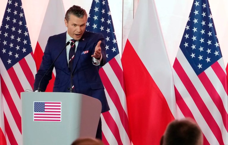 US Defense Secretary Pete Hegseth during press conference at the Polish Ministry of Defense headquarters in Warsaw, Poland, Friday, Feb. 14, 2025. (AP Photo/Czarek Sokolowski)