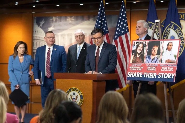House Speaker Mike Johnson (R-LA), second from right, with House Republican Conference Chairwoman Lisa McClain (R-MI), Rep. Tim Moore, (R-NC), and House Majority Leader Steve Scalise (R-LA), and House Majority Whip Tom Emmer (R-MN) speaks during a news conference at the Capitol.