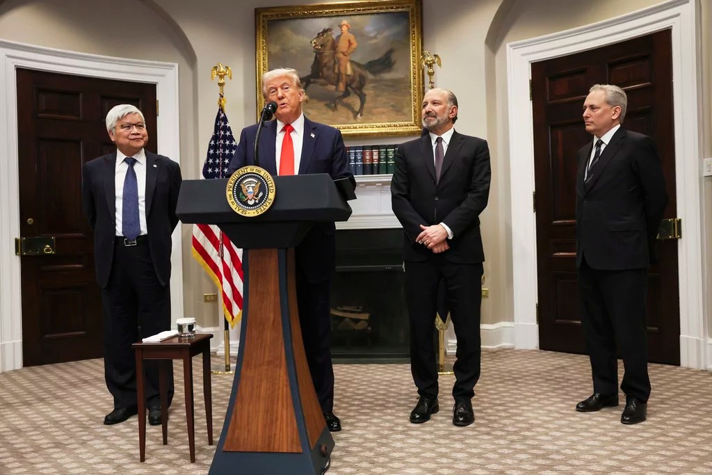 President Donald Trump speaks as C.C. Wei, chairman and CEO of Taiwan Semiconductor Manufacturing Company, Commerce Secretary Howard Lutnick and White House AI and crypto czar David Sacks, listen in the Roosevelt Room of the White House in Washington, Monday, March 3, 2025.